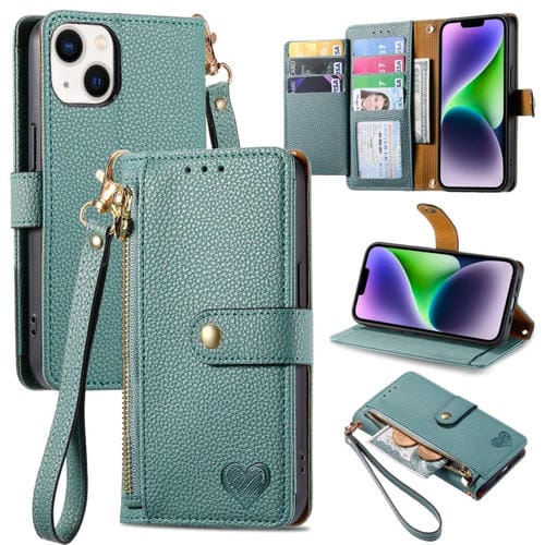 Para iPhone 15 Love Zipper Lanyard Funda de Cuero para Teléfono (Verde) - MOVILSTORE