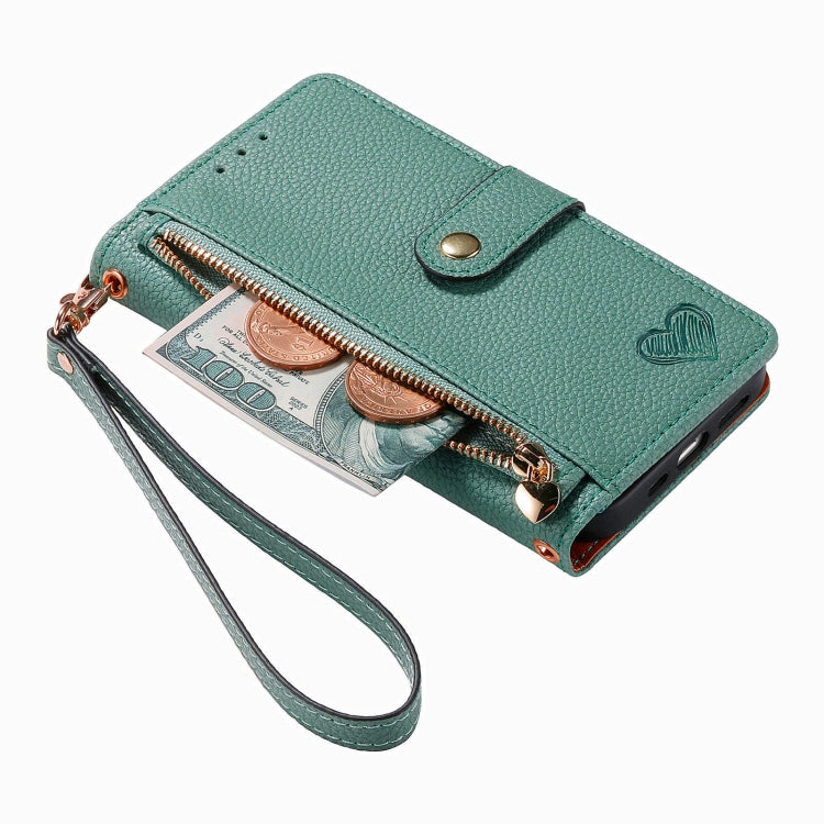 Para iPhone 15 Love Zipper Lanyard Funda de Cuero para Teléfono (Verde) - MOVILSTORE