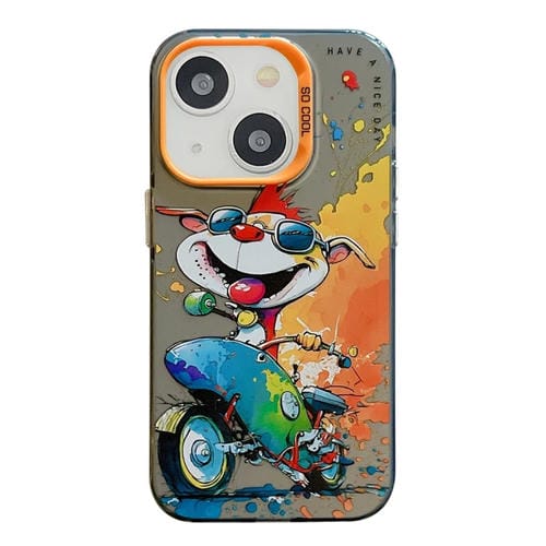 Para iPhone 15 Patrón de Animales Serie de Pintura al Óleo PC + Estuche para Teléfono TPU (Perro de Motocicleta) - MOVILSTORE