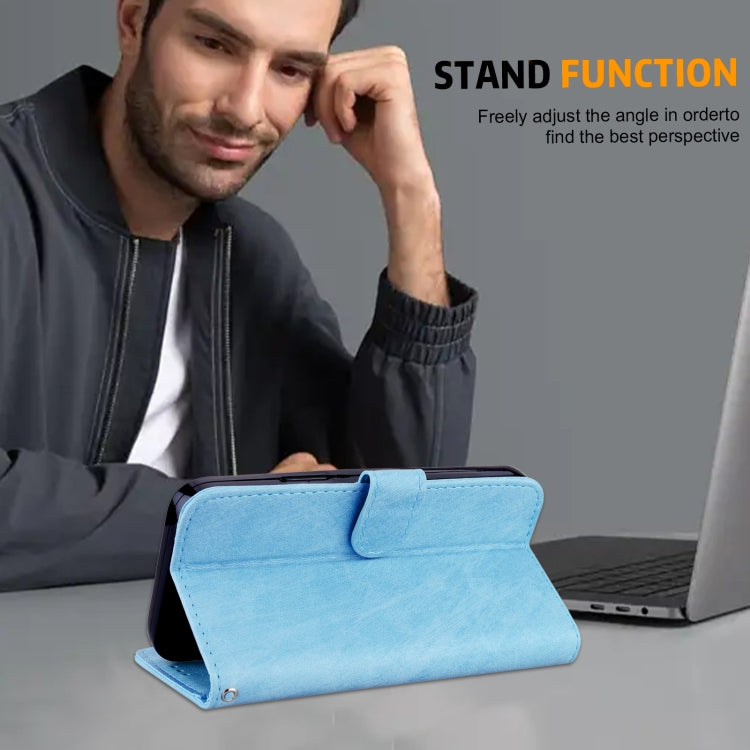 Para iPhone 15 Sensación de Piel Textura de Cuero Aceitoso Funda para Teléfono Pu + TPU (Azul Claro) - MOVILSTORE