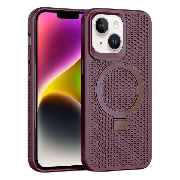Para iPhone 15 Skin Feel PC + TPU Funda Magnética para Teléfono Magsafe con Enfriamiento y Soporte (Rojo Vino) - MOVILSTORE