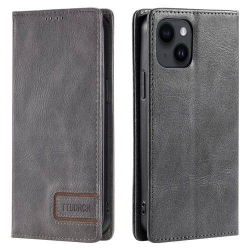 Para iPhone 15 Ttudrch Rfid Funda de Teléfono de Cuero Magnético con Textura Retro (Gris) - MOVILSTORE